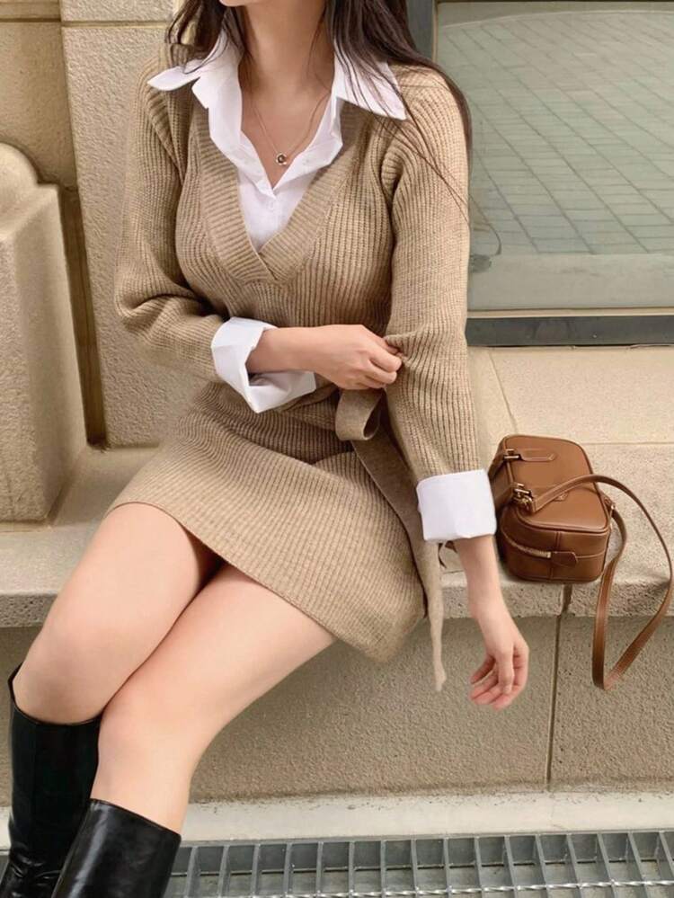 Women's Casual Colorblock Patchwork 2 In 1 Belted Knit Dress, Autumn Sweater Dress