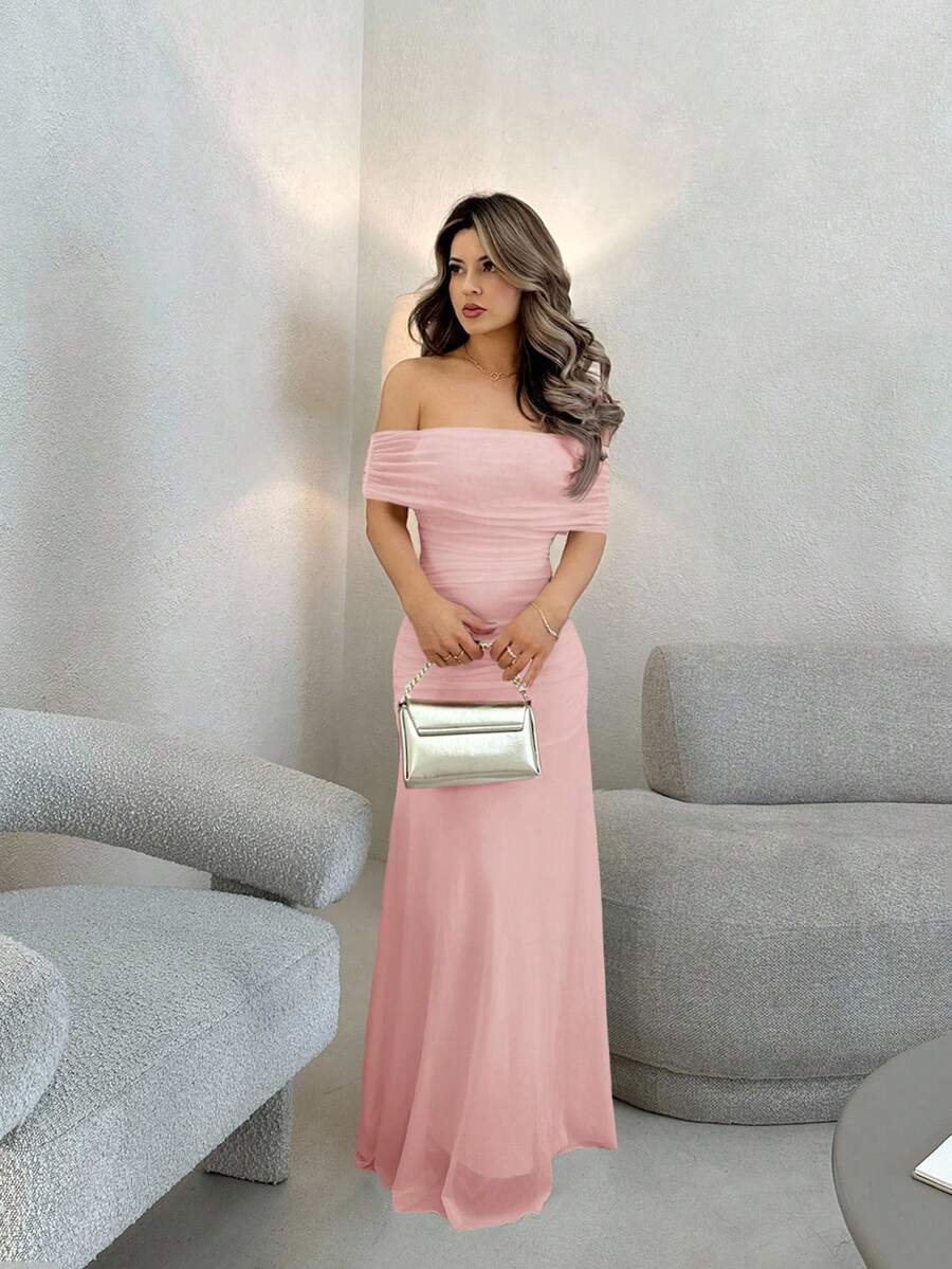 Jemour Women Elegant Tulle Off Shoulder Ruched Waist Dress For Wedding Party - Pink - View 1