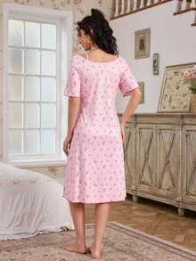 CottageSlumber Women's Romantic Cute Pink Ditsy Floral 2 In 1 Short Sleeve Soft & Comfortable Nightgown - Pink - View 2