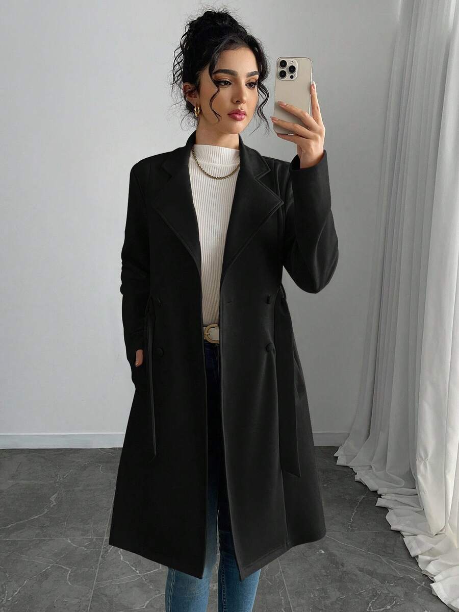 Rafferiza Petite 女款優雅素色仿麂皮中長版修身夾克,適合小個女款 - 黑色 - 查看 1