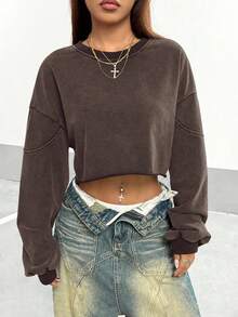 StreetHx Women's Solid Color Round Neck Loose Box-Shaped Cropped Washed Sweatshirt Fall Cloth For Women - Brown - View 5