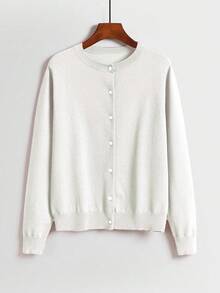 EMERY ROSE 宽松纽扣圆领舒适纯色开衫 - 白色 - 查看 3