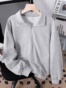 SHEIN 少女休闲基本款简约保暖内衬宽松大码半拉链高领运动衫，麻灰色，秋冬 - 淺灰色 - 查看 3