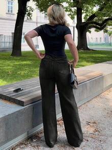 Jeta Ari Women's Casual Zip-Up Loose Wide Leg Denim Pants - Dark Grey - View 2