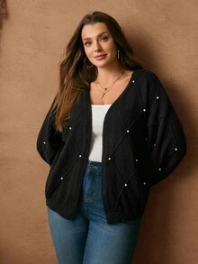 EMERY ROSE Plus Size Black Knitted Diamond Pattern Cardigan Jacket, Long Puff Sleeves, Faux Pearl Decoration, Spring, Autumn, Winter, For Woman - Black - View 5