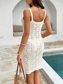 EURMUSE Woman Straps Hollow Out Mini Cover Up Dress Knitwear - Beige - View 2