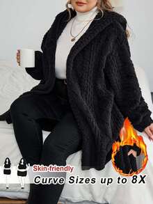 SHEIN CURVE+ Áo khoác hoodie len pha trộn họa tiết màu đen cỡ lớn dành cho nữ, dành cho mùa đông/thu/đông - màu đen - Xem 1