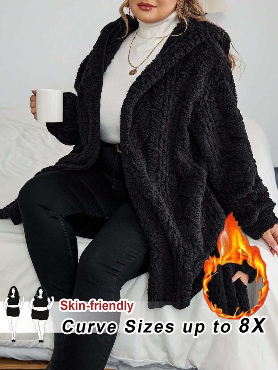 SHEIN CURVE+ Áo khoác hoodie len pha trộn họa tiết màu đen cỡ lớn dành cho nữ, dành cho mùa đông/thu/đông - màu đen - Xem 1