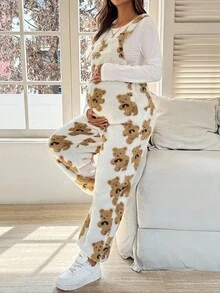 SHEIN 孕妇熊图案毛绒连体衣 - 彩色 - 查看 4