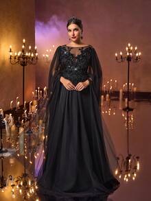 Glamrae Đầm maxi cỡ lớn sang trọng, lãng mạn màu đen đính hoa và hạt cườm, thích hợp cho đám cưới, tiệc tùng, các sự kiện kỷ niệm, dạ hội trang trọng, ngày Valentine. - màu đen - Xem 7