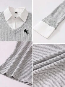 Zielony 学院风 Polo 领拼接二合一长袖 T 恤，女式修身套头衫，秋冬春季新品 - 淺灰色 - 查看 9