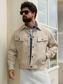 DAZY 秋冬PU面料图案纽扣卡其色男士夹克和外套 - 卡其色 - 查看 5