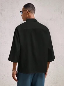 Vientiro 男士寬鬆版型插肩袖短袖領口休閒襯衫，適合日常穿著、學校、度假、父親節禮物 - 黑色 - 查看 8