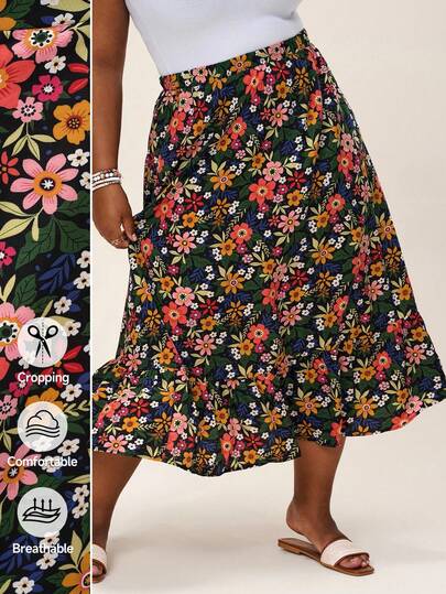 Comfylo Floral Printed Asymmetric Hem Summer Casual Vacation Style Long Skirt With Ruffle Hem Fall Clothes For Women Fall Outfits Women