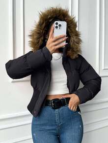 EURMUSE Women's Solid Color Fuzzy Patchwork Front Zip Long Sleeve Casual Padded Coat - Dusty Blue - View 3