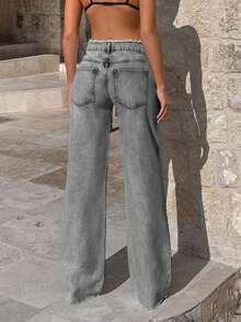 EURMUSE 100%Cotton Rigid, Belt Detailed Wideleg Fit - Grey - View 2