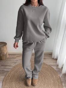 Flirla 女式纯色圆领落肩长袖运动衫和裤子休闲套装，秋季 - 深灰色 - 查看 6