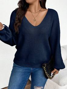 EURMUSE 大码女款大码蝴蝶结后背长袖宽松套头衫，秋季 - 藏蓝色 - 查看 3