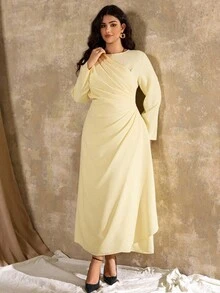 Roveilla 大码女式优雅正式办公室通勤休闲度假派对复古教师秋季中东风格纯色圆领腰部褶皱 A 字长袖超长连衣裙，浅黄色 - 黃色 - 查看 7