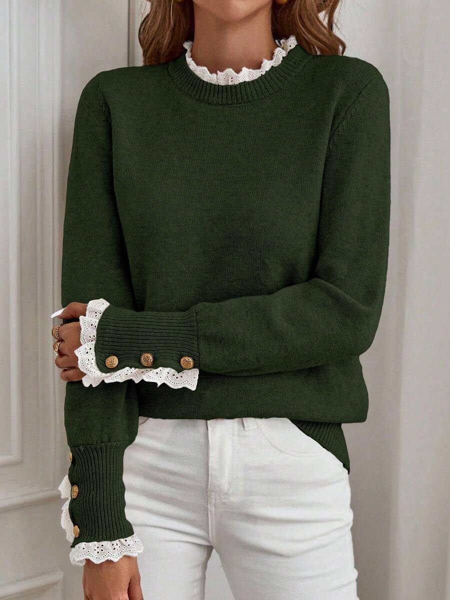 EMERY ROSE Áo len dài tay cổ bẻ viền bèo nhún màu tương phản thanh lịch - Màu xanh lá cây đậm - Xem 1