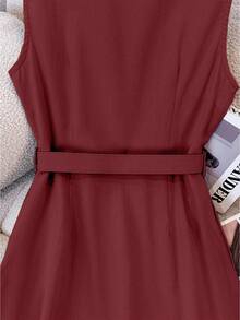 Franclia 女士休闲优雅无袖亚麻中长连衣裙（配腰带） - 酒紅色 - 查看 7