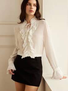 Revavyn Áo cánh nữ tay chuông cổ nhún bèo voan cao cấp thanh lịch - trắng - Xem 5