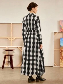 Chiquease Abito casual lungo a quadri classico nero, bianco e grigio con colletto alla coreana, design in vita e spalle scoperte, per donna, adatto per primavera/autunno - Multicolore - Visualizzare 2