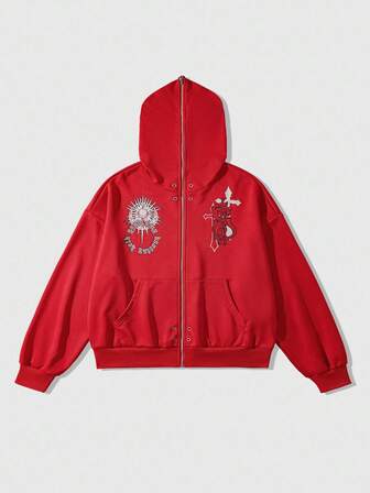 Street Life Sudadera holgada con capucha con cremallera y estampado de cruz con diseño de ojales para hombre, otoño