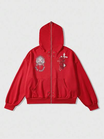 Street Life Sudadera holgada con cremallera y estampado de cruz con diseño de callosidad de maíz para hombres, otoño