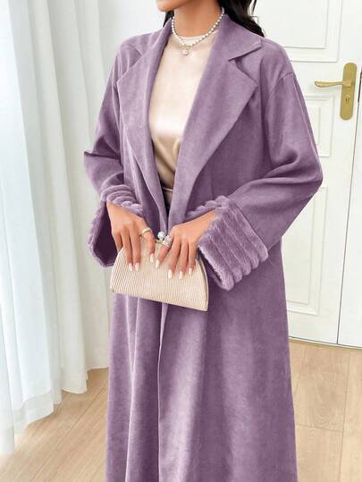 Al Najma 女士纯色拼接仿皮草袖口休闲长款优雅阿拉伯长袍外套，休闲超长长袍长袍，适合日常休闲/晚会