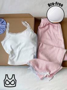 Comfortcana 2 件套女式休闲蕾丝花边吊带背心和红白条纹裤，返校季 2 件套休闲套装 - 紅白色 - 查看 6