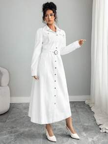 Elenzga Đầm denim thắt lưng đơn giản thời trang dành cho nữ - trắng - Xem 4