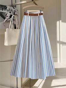 Franclia Váy Maxi xếp ly thời trang thường ngày đa năng cạp chun kèm thắt lưng da nâu - Màu xanh lam - Xem 2