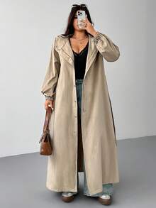 SHEIN EZwear 大码连帽防水长款风衣，秋冬 - 卡其色 - 查看 5