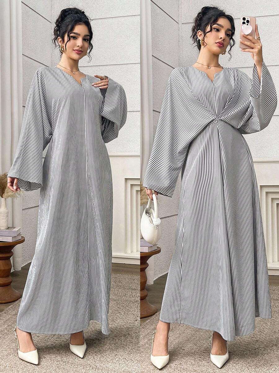 SHEIN Najma Váy kẻ sọc dài tay dáng rộng, thắt nút sau lưng kiểu chéo dành cho nữ