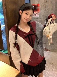 DAZY Women's V-Neck Lace Patchwork Loose Collegiate Argyle Colorblock Pullover Sweater, Casual School Style For Christmas Fall/Winter