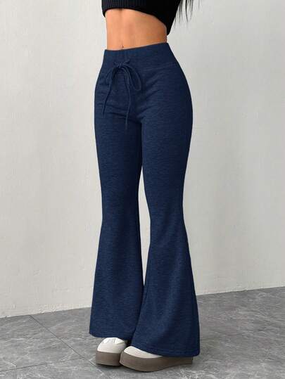 SHEIN PETITE Pantalones de chándal de mujer de cintura elástica gris con vuelo, de estilo casual