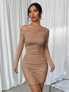 Elenzga Women's Elegant Asymmetric Ruched Fitted Mini Dress, Solid Color, Spring/Autumn Fall Cloth For Women - Brown - View 6