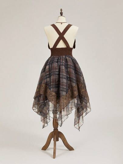 ROMWE Avant Women's Retro Medieval Palace Romantic Vintage PU Contrast Mesh Plaid Asymmetrical Hem Lace Trim Skirt