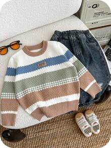 SHEIN 男童多色提花针织百搭可爱套头毛衣，面料厚实柔软舒适，适合居家、外出、上学等场合，秋冬季保暖内衬