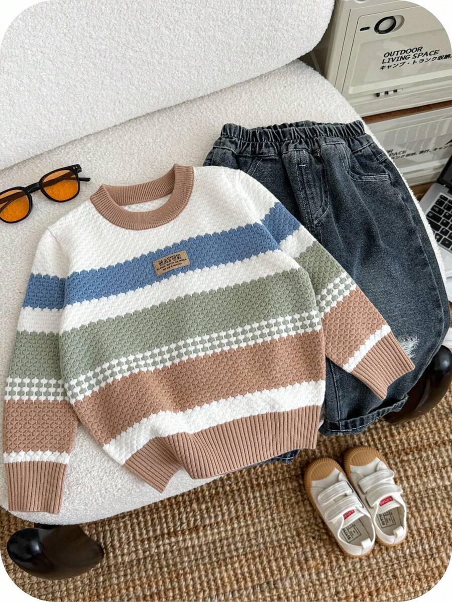 SHEIN 男童多色提花针织百搭可爱套头毛衣，面料厚实柔软舒适，适合居家、外出、上学等场合，秋冬季保暖内衬