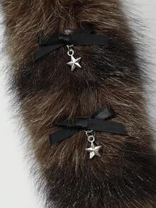 ROMWE Goth 1pc Y2K Retro Chic Cute Minimalist Sophisticated High-Quality Animal Print Series Brown Faux Fur Anime Fox Tail With Black Lace Bow, Star Decor DIY Keychain Bag Charm, Suitable For Cosplay, Daily Wear, Holiday Gift For Women