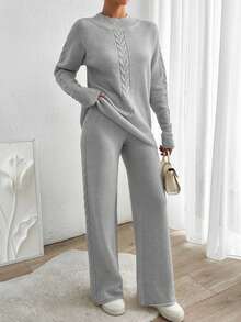 EURMUSE Women's Autumn Cable Pattern Raglan Sleeve Sweater And Knit Pants Casual 2 Pieces Set - Grey - View 1