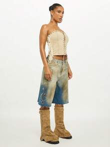 SUMWON WOMEN Denim Eyelet Lace Up Corset Top With Fringe Detail Strapless Bustier