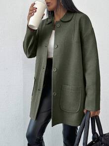 EURMUSE Cotton Knitted Overcoat Drop Shoulder Double Pocket Coat Easy To Style Perfect For Autumn And Winter - Green - View 6