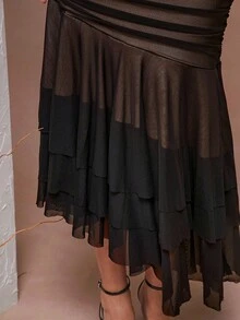 L'Amorae Women Ruched Asymmetric Ruffle Hem Sleeveless Dress