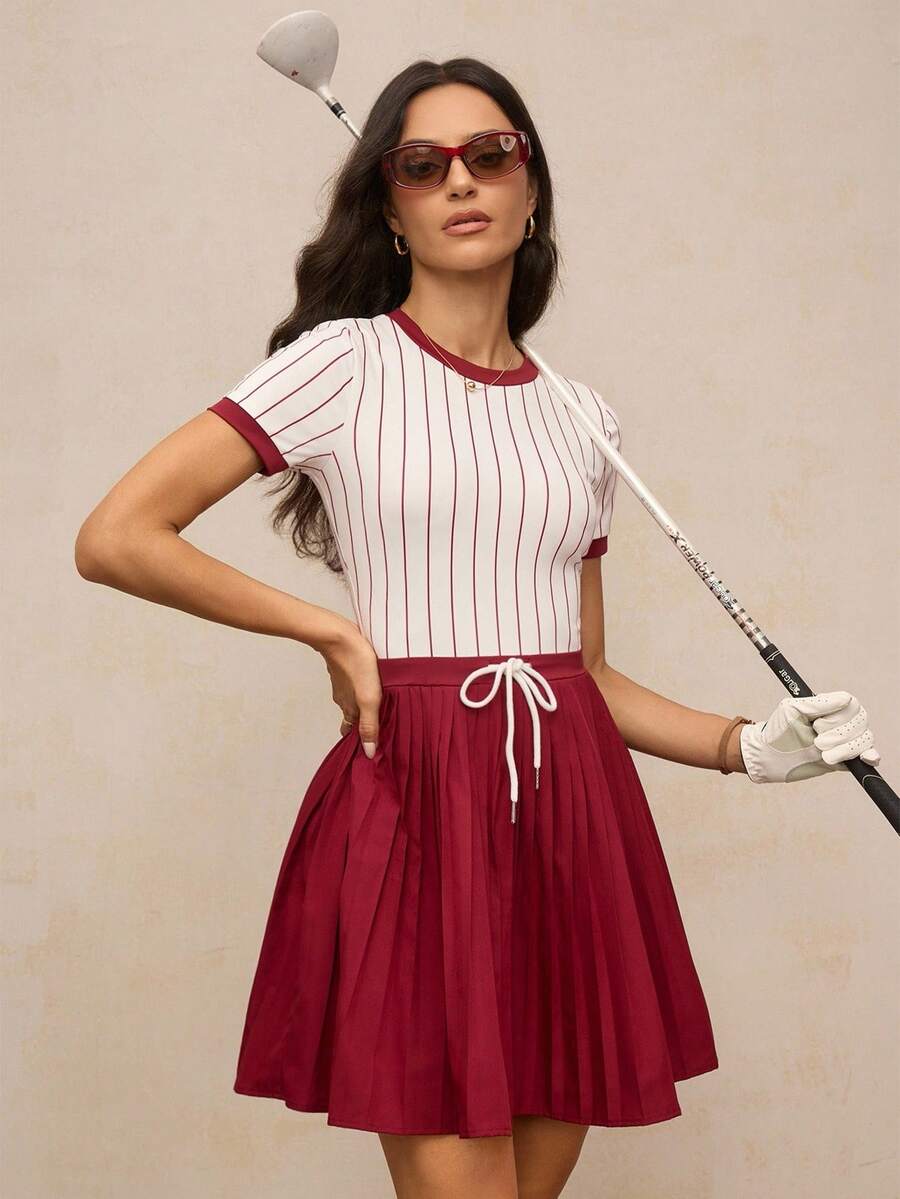 Activina 女式撞色条纹褶边运动连衣裙 - 紅色 - 查看 1