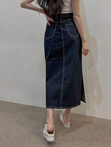 DAZY 复古百搭长款直筒开衩牛仔裙 - 深色水洗藍 - 查看 2