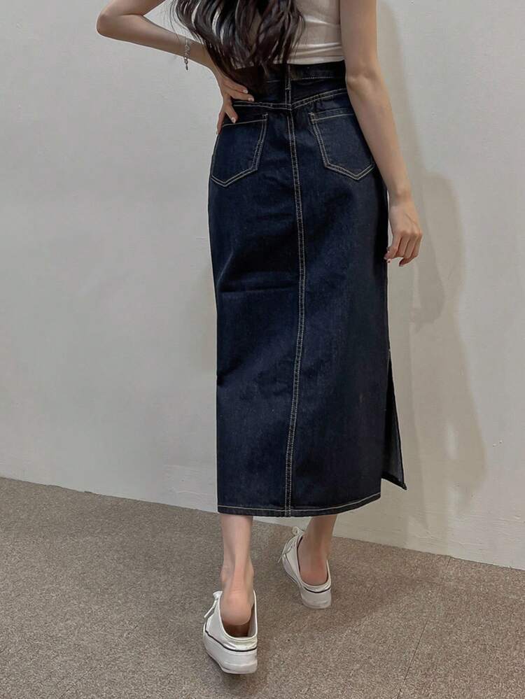 Retro Versatile Long Straight Slit Denim Skirt