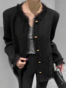DAZY 金属扣流苏粗花呢夹克女式外套 - 黑色 - 查看 9